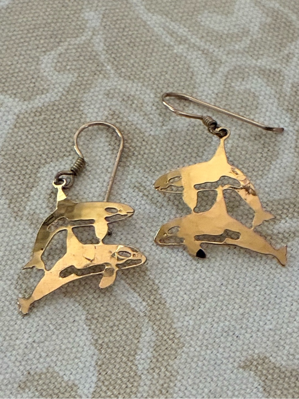 Wild Bryde Earrings Two Swimming Dolphins 14K Gold Plate Wire Dangle Vintage